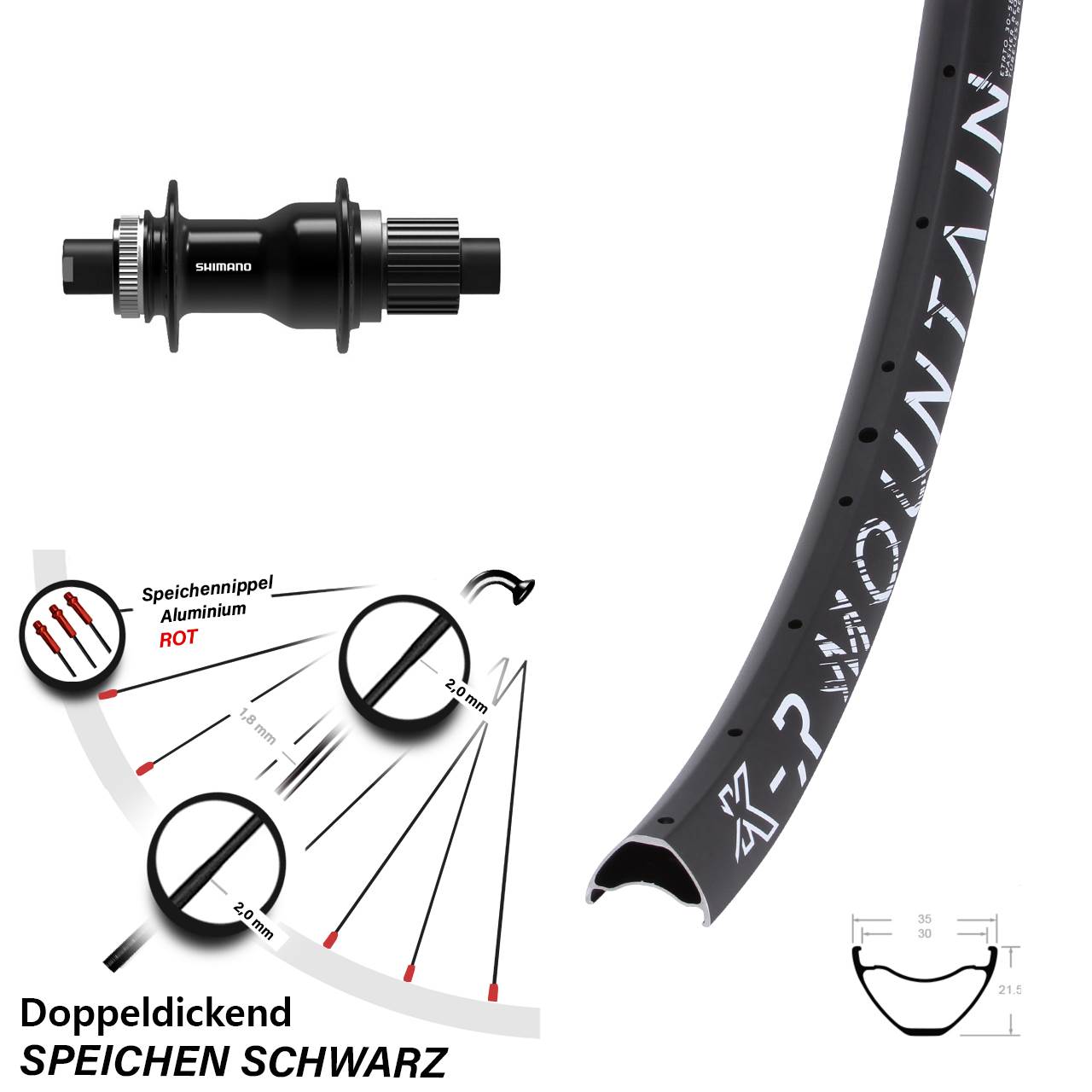 KX-R Mountain Shimano FH-TC500-B 29 Zoll Centerlock Hinterrad 12x148 Micro Spline