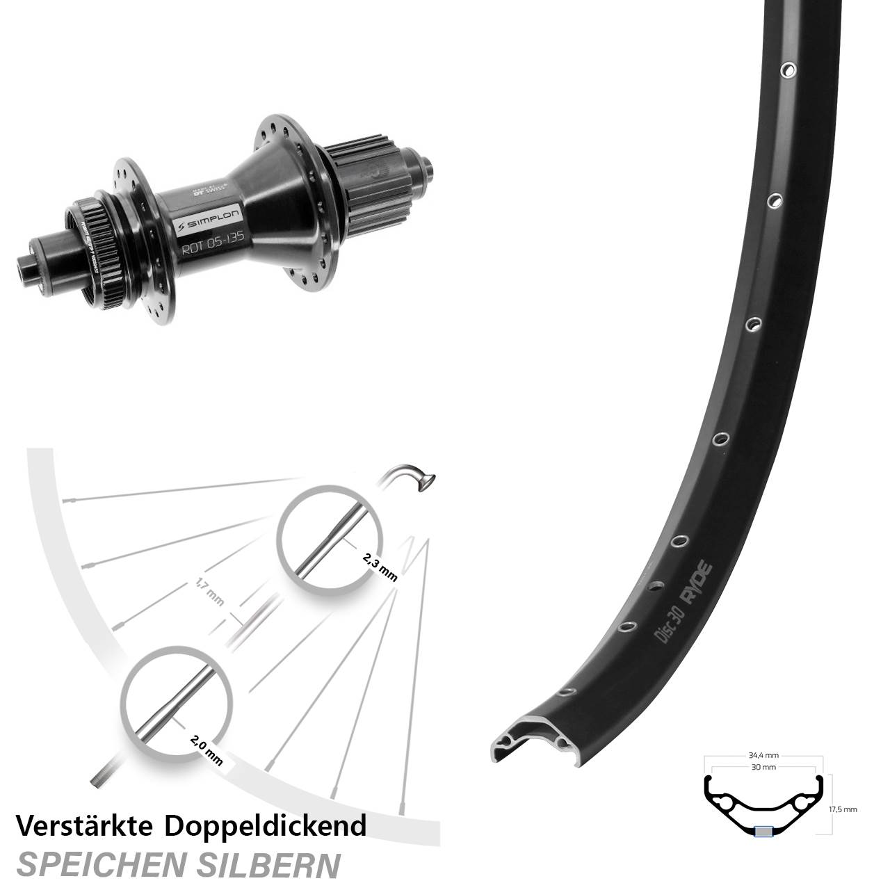 29 Zoll Ryde Disc 30 DT Swiss 370 Hybrid Centerlock Hinterrad QR Micro Spline
