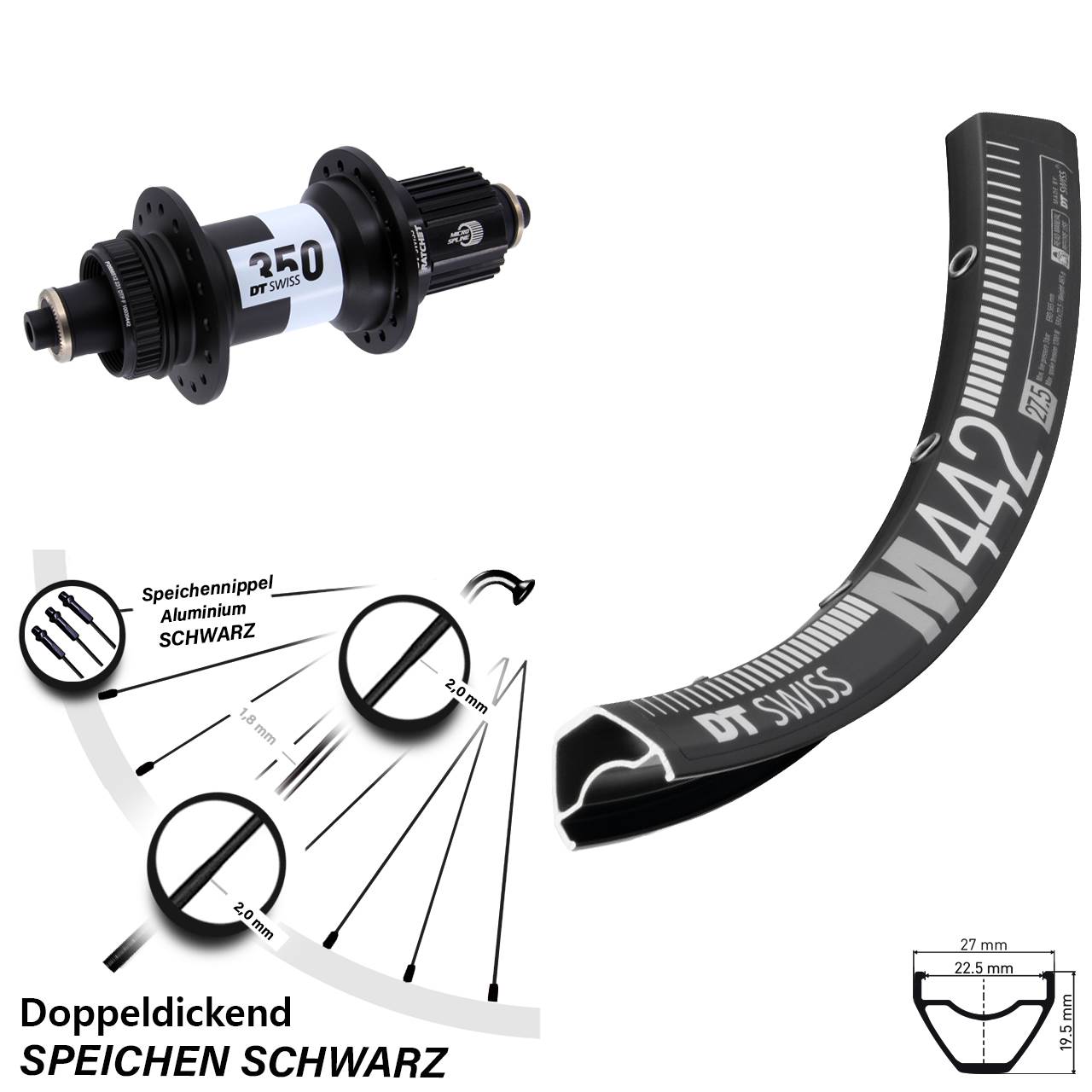 28 Zoll DT Swiss M 442-350 Disc Laufrad für Schnellspanner Shimano Micro Spline