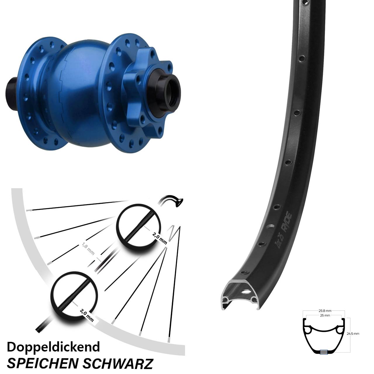 Disc Vorderrad mit Nabendynamo 28-29 Zoll Ryde ZAC 25 SON 28 blau 15x110 Boost