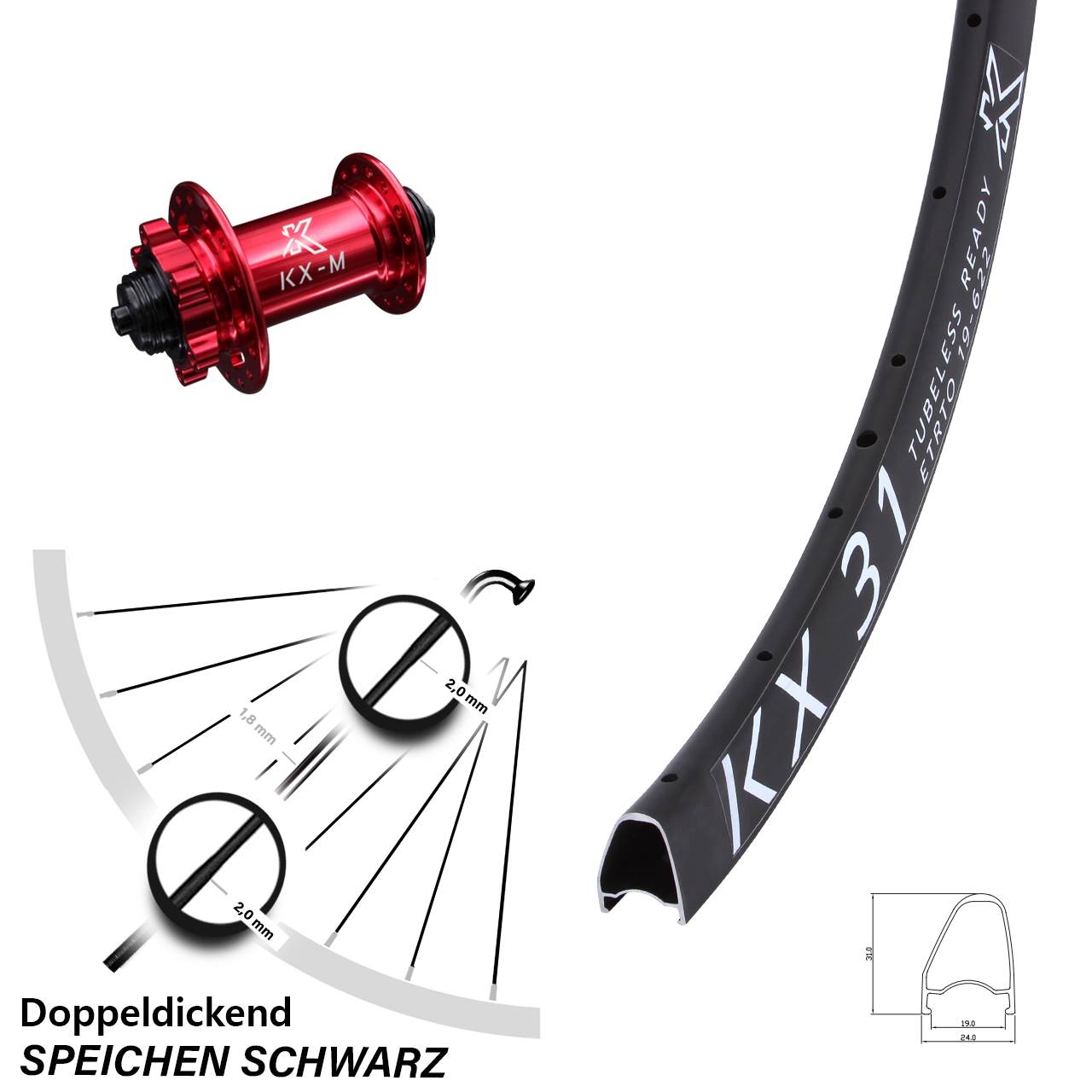Vorderrad 6-Loch für Schnellspanner 28 Zoll KX-M 31 rot