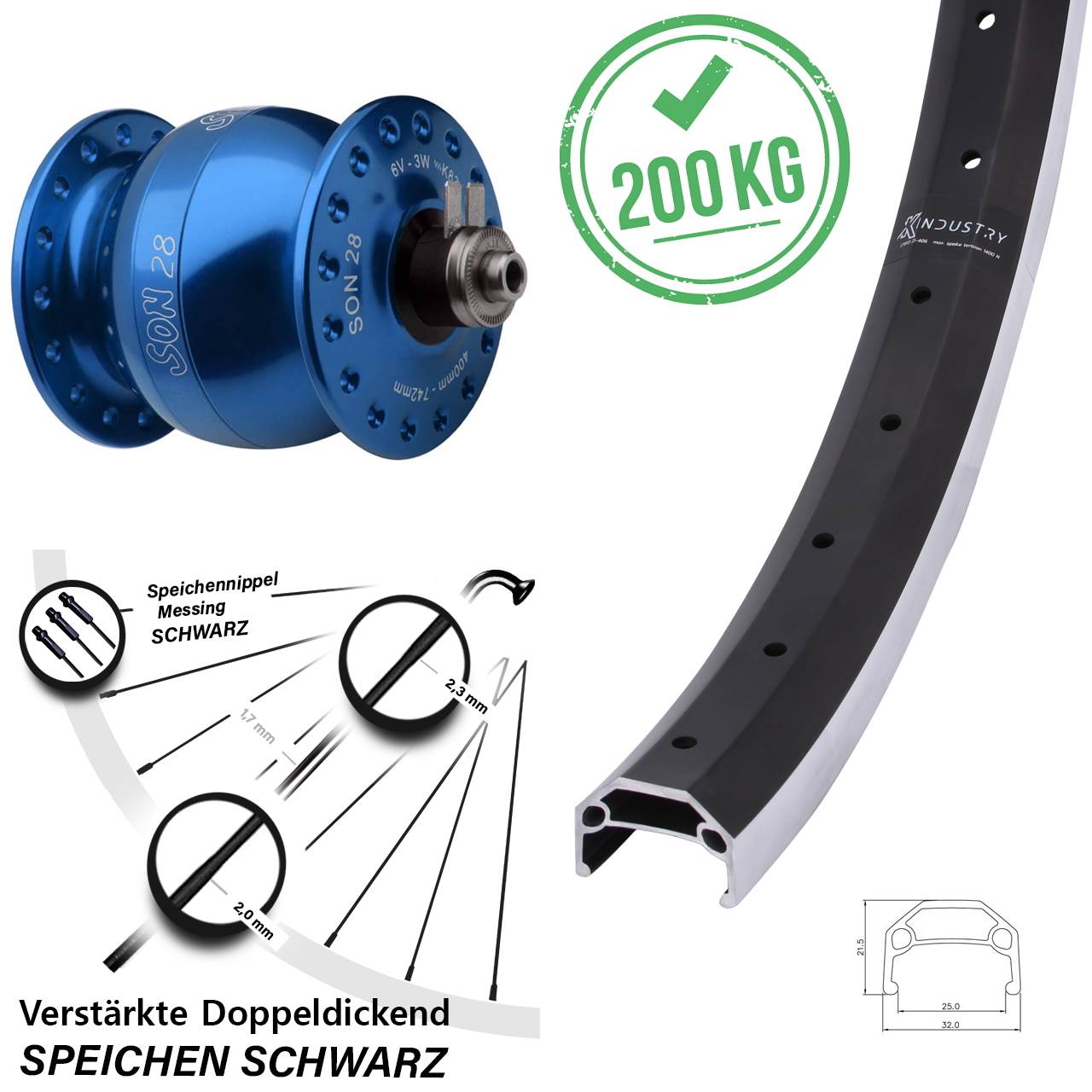 Vorderrad mit Nabendynamo QR 26 Zoll KX Industry SON 28 blau