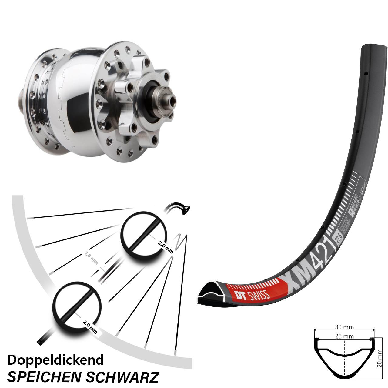 Disc Vorderrad mit Nabendynamo 650B DT Swiss XM 421 SON 28 für Schnellspanner