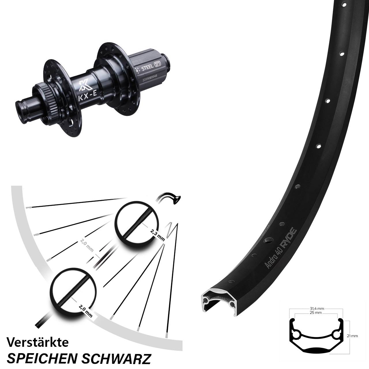 Ryde Andra 40 KX-E verstärkt 28 Zoll Hinterrad Centerlock 12x142 8-12 fach HG