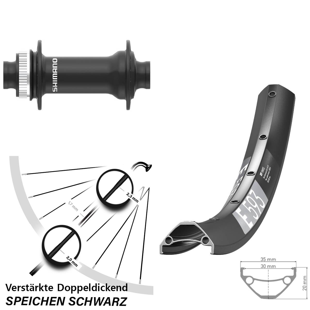 29 Zoll DT Swiss E 593 Shimano HB-MT410-B Vorderrad Centerlock 15x110 Boost