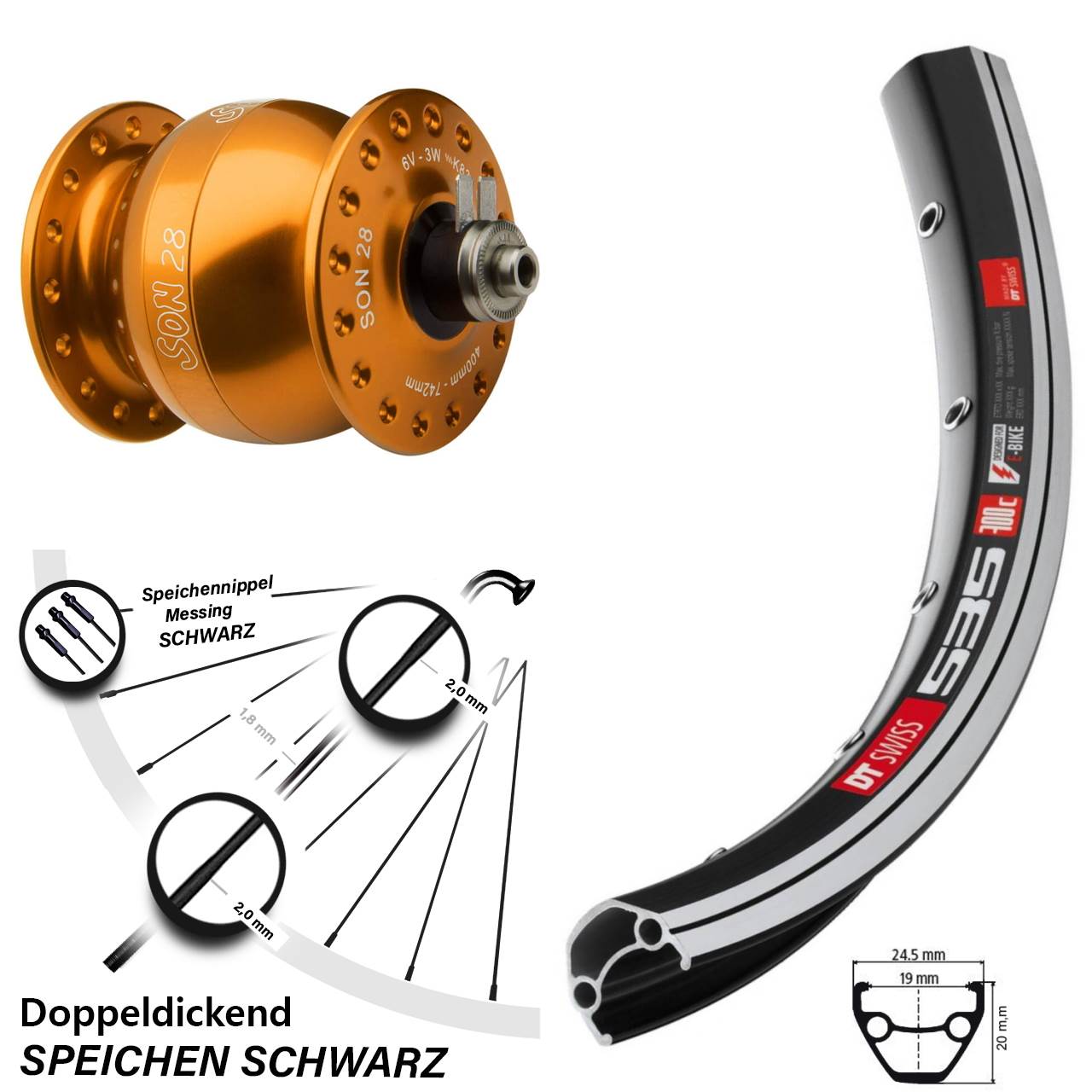 orangener Son 28 Zoll Vorderrad mit Nabendynamo DT Swiss 535