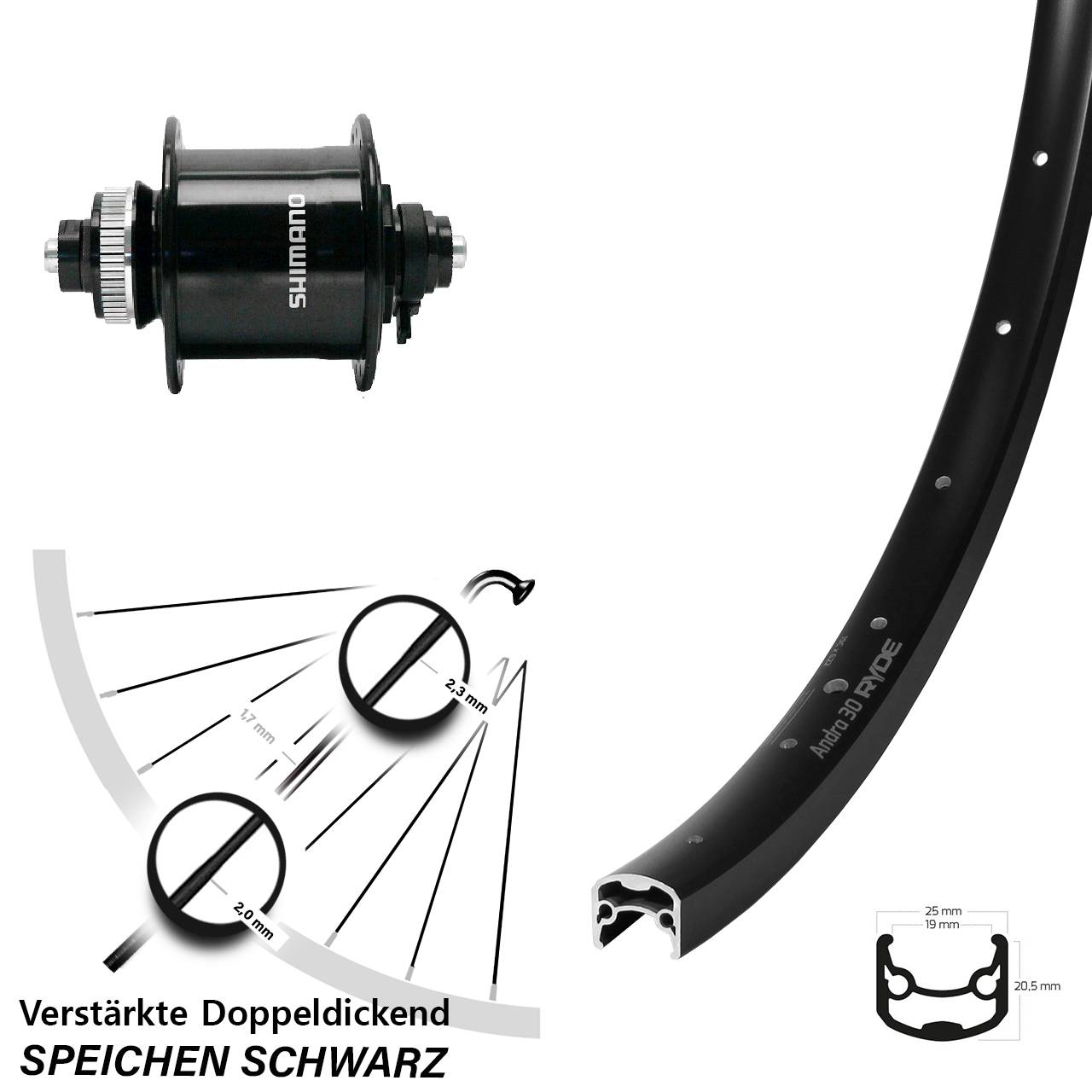 28 Zoll Ryde Andra 30 Shimano DH-UR700 Dynamo-Vorderrad Centerlock QR
