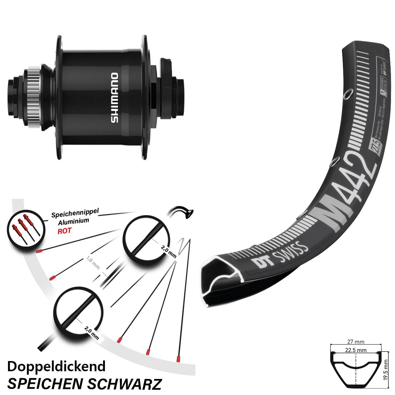 28-29 Zoll DT Swiss M442 Shimano DH-UR708 Centerlock Vorderrad mit Nabendynamo 15x100