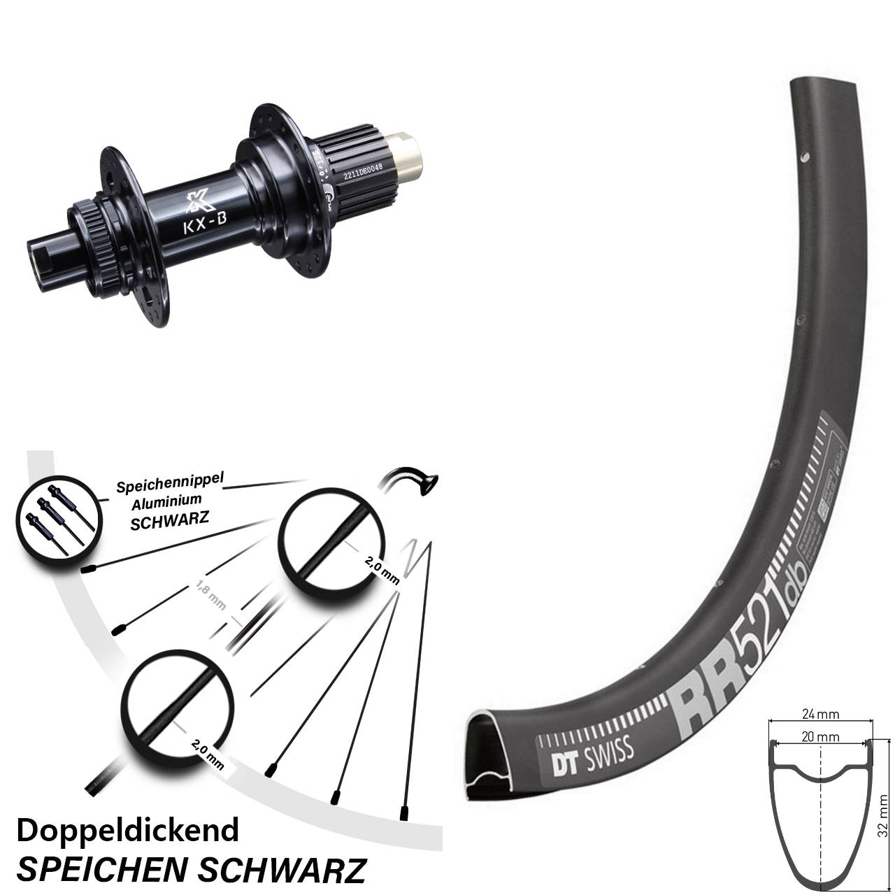 Laufrad 28 Zoll DT Swiss RR521 Disc KX-B Centerlock 12/148 Boost Micro Spline schwarz
