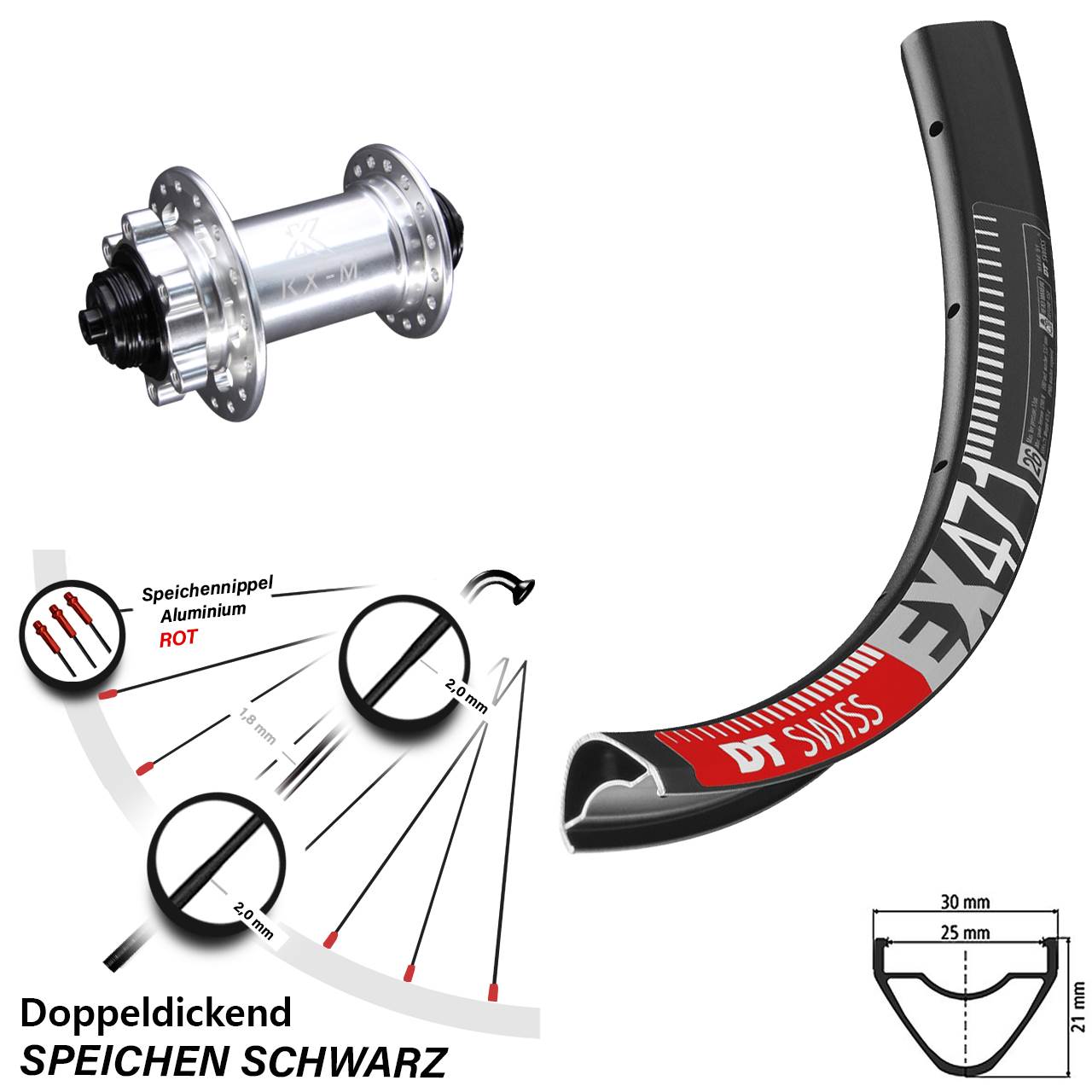 Laufrad 26 Zoll DT Swiss EX 471 Disc KX-M 6-Loch 5/100 silbern