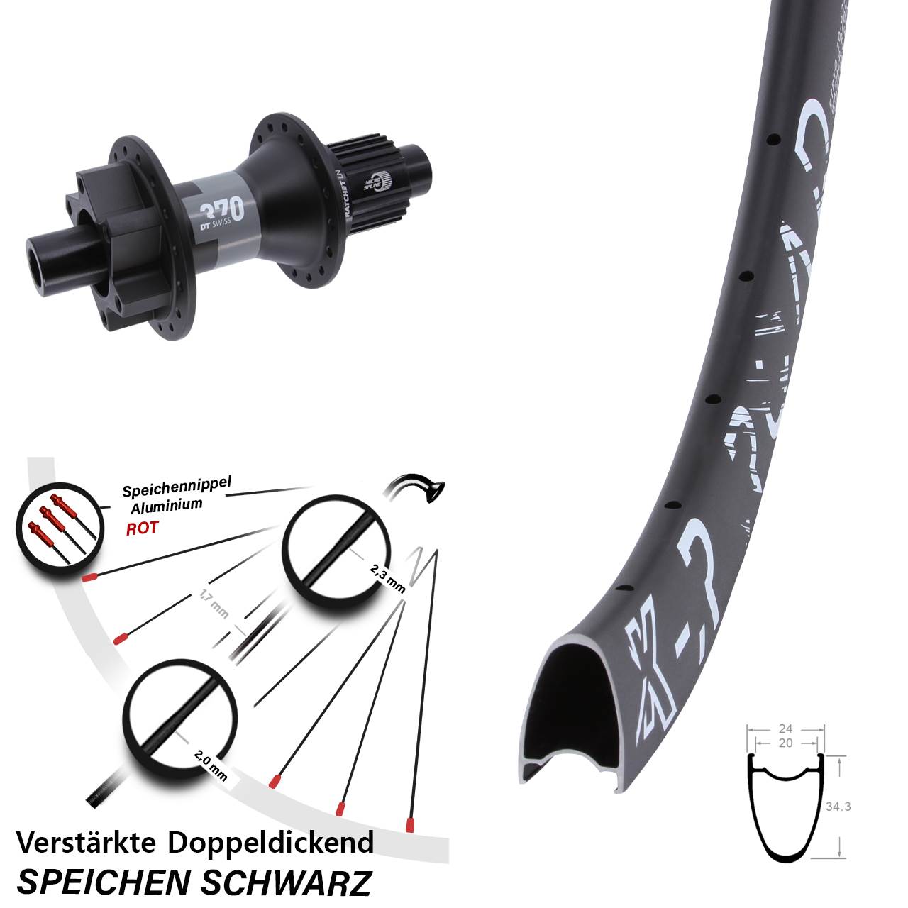 KX-R Road DT Swiss 370 28 Zoll Hinterrad 6-Loch 12x142 Shimano Micro Spline