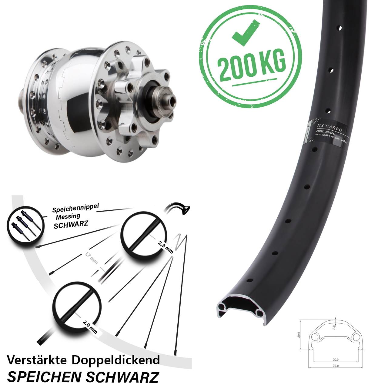 Disc Laufrad mit Nabendynamo 20 Zoll KX Cargo SON 28 poliert für Schnellspanner