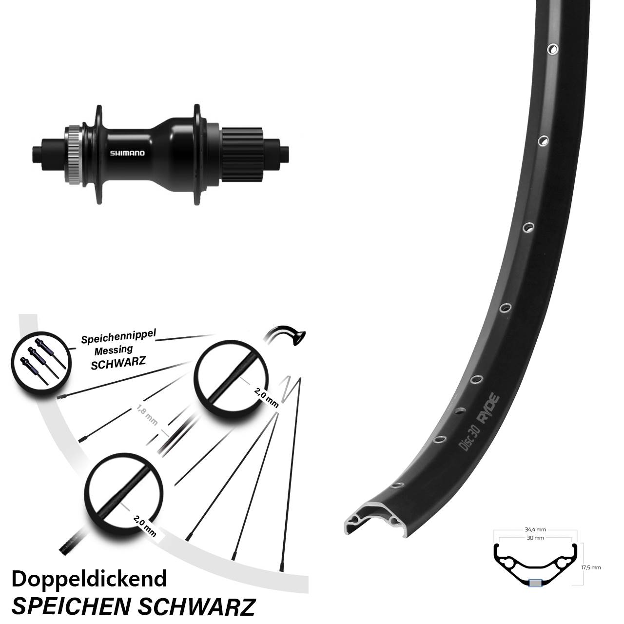 Centerlock Hinterrad 29 Zoll Ryde Disc 30 Shimano FH-QC500 Micro Spline QR