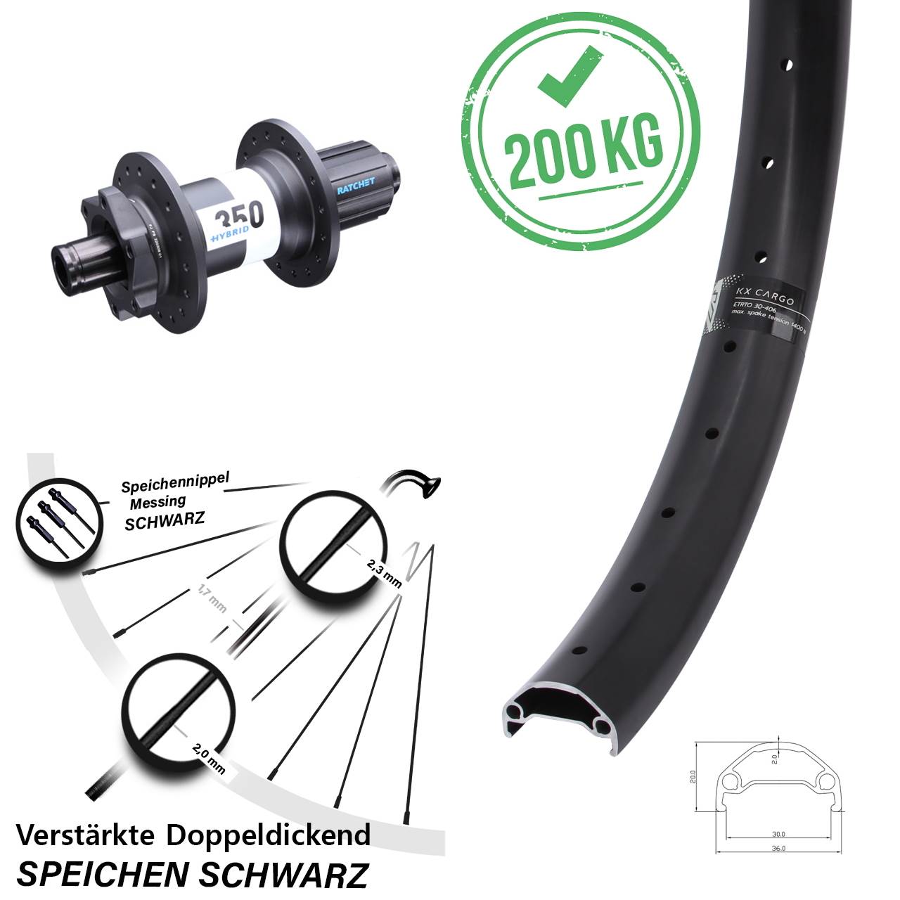 26 Zoll KX Cargo DT Swiss 350 Hybrid Disc Hinterrad 12x148 Boost 8-11 fach