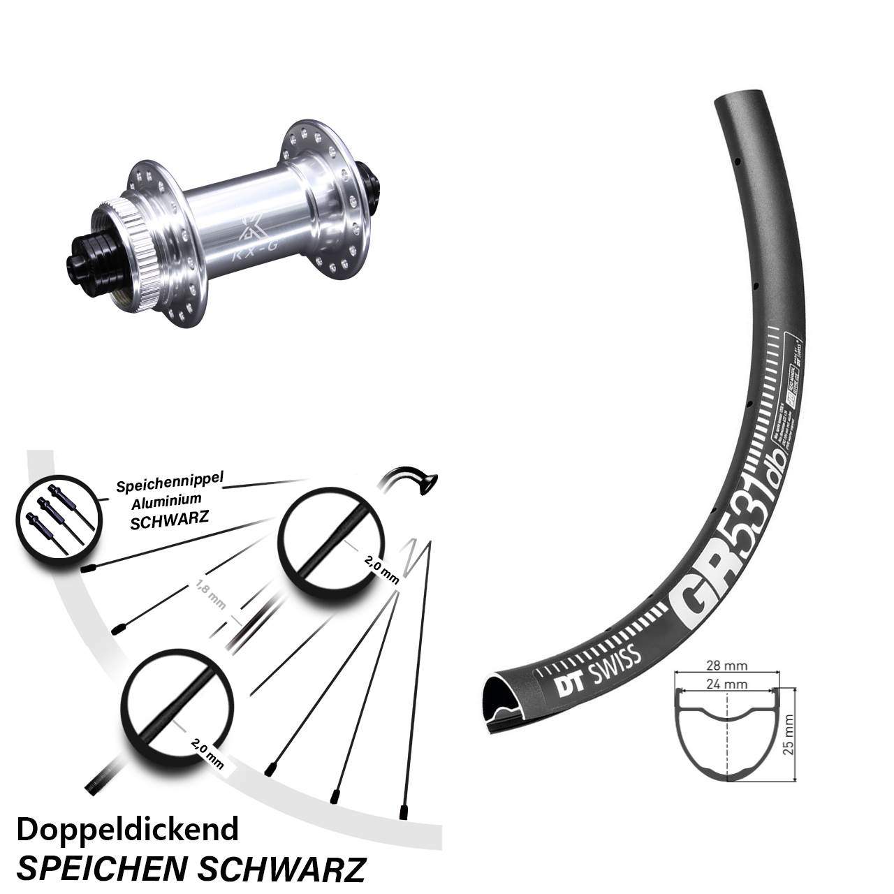 Laufrad 27,5 Zoll DT Swiss GR 531 Disc KX-G Centerlock 5/100 silbern