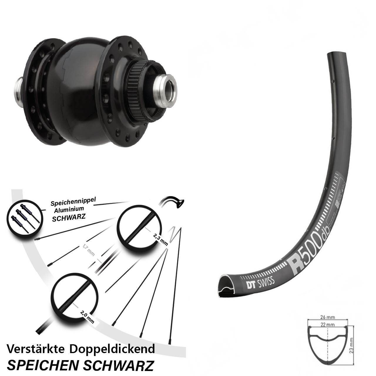 DT Swiss R500 SON 28 Zoll Disc Vorderrad mit Nabendynamo 12x100