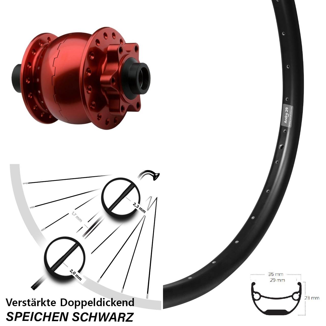 Vorderrad Ryde Andra 29 Zoll schwarz SON 28 15x100 6-Loch rot eloxiert