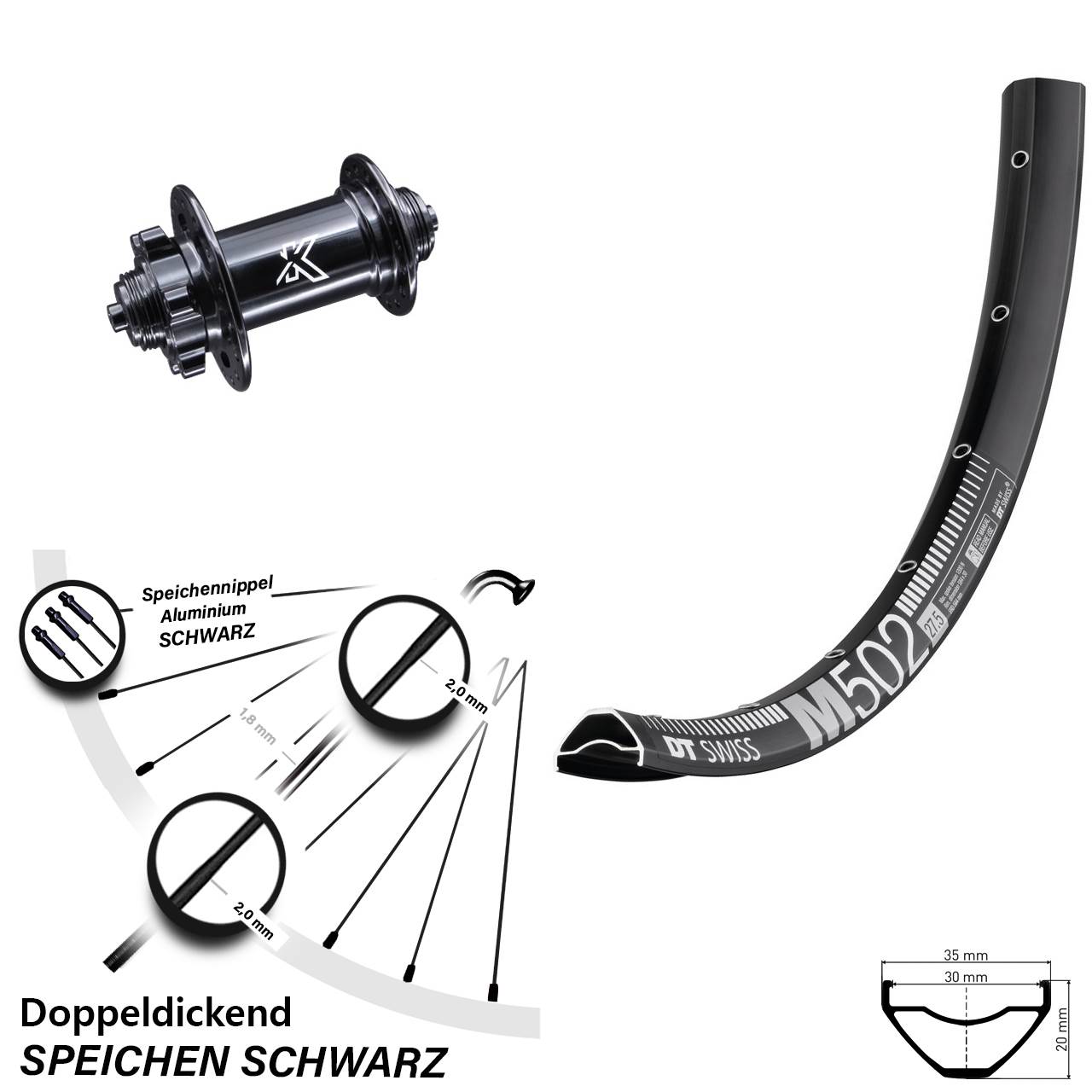 27,5 Zoll DT Swiss M 502 KX-M Vorderrad 6-Loch für Schnellspanner