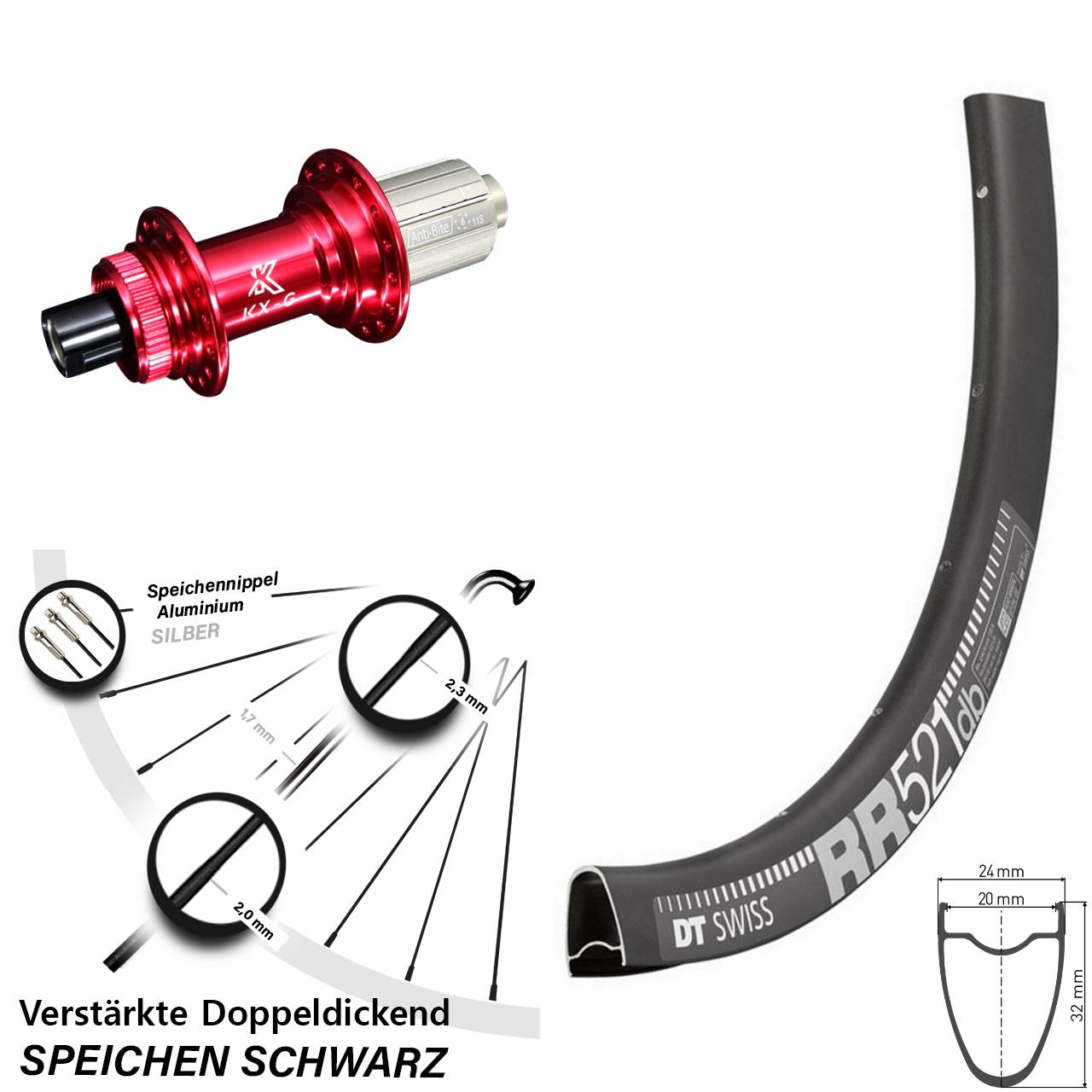 28 Zoll Hinterrad Road Disc 8-12 fach KX-G rot 12x142 mm DT Swiss RR 521 DB