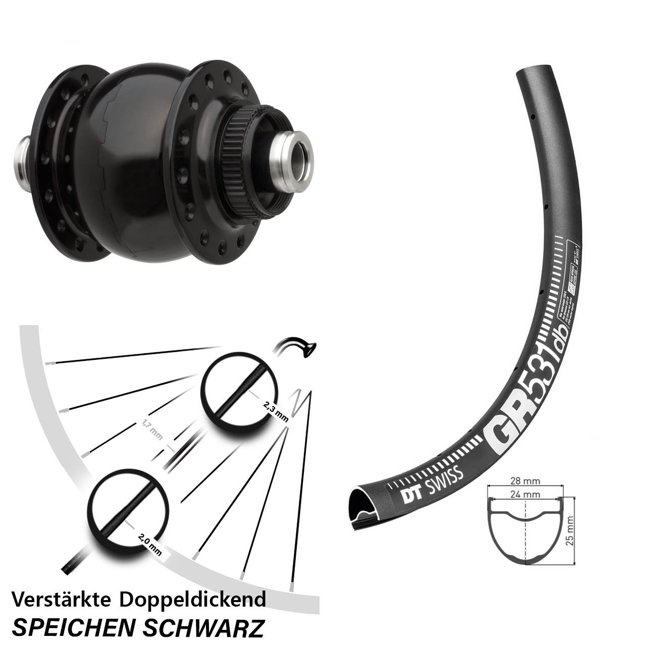 verstärktes Nabendynamolaufrad SON delux DT Swiss GR 531 DB Disc 27,5 Zoll für Steckachse