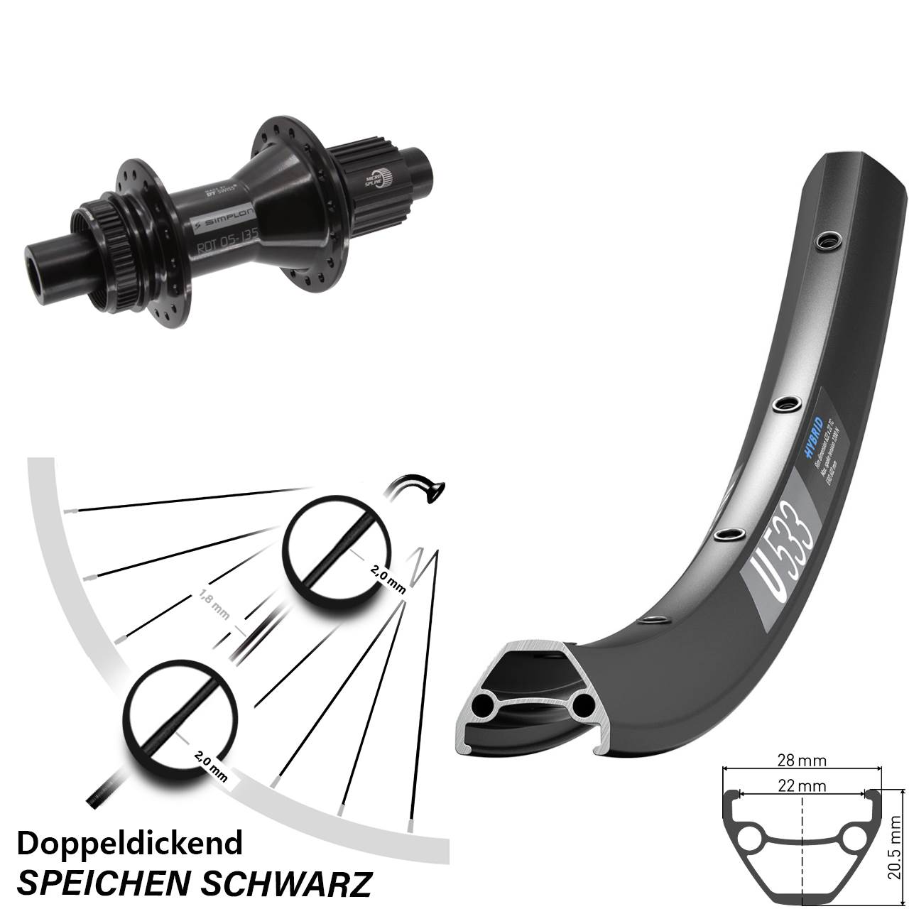 Disc Laufrad 12x142 27,5 Zoll DT Swiss U 533-370 Hybrid Shimano Micro Spline