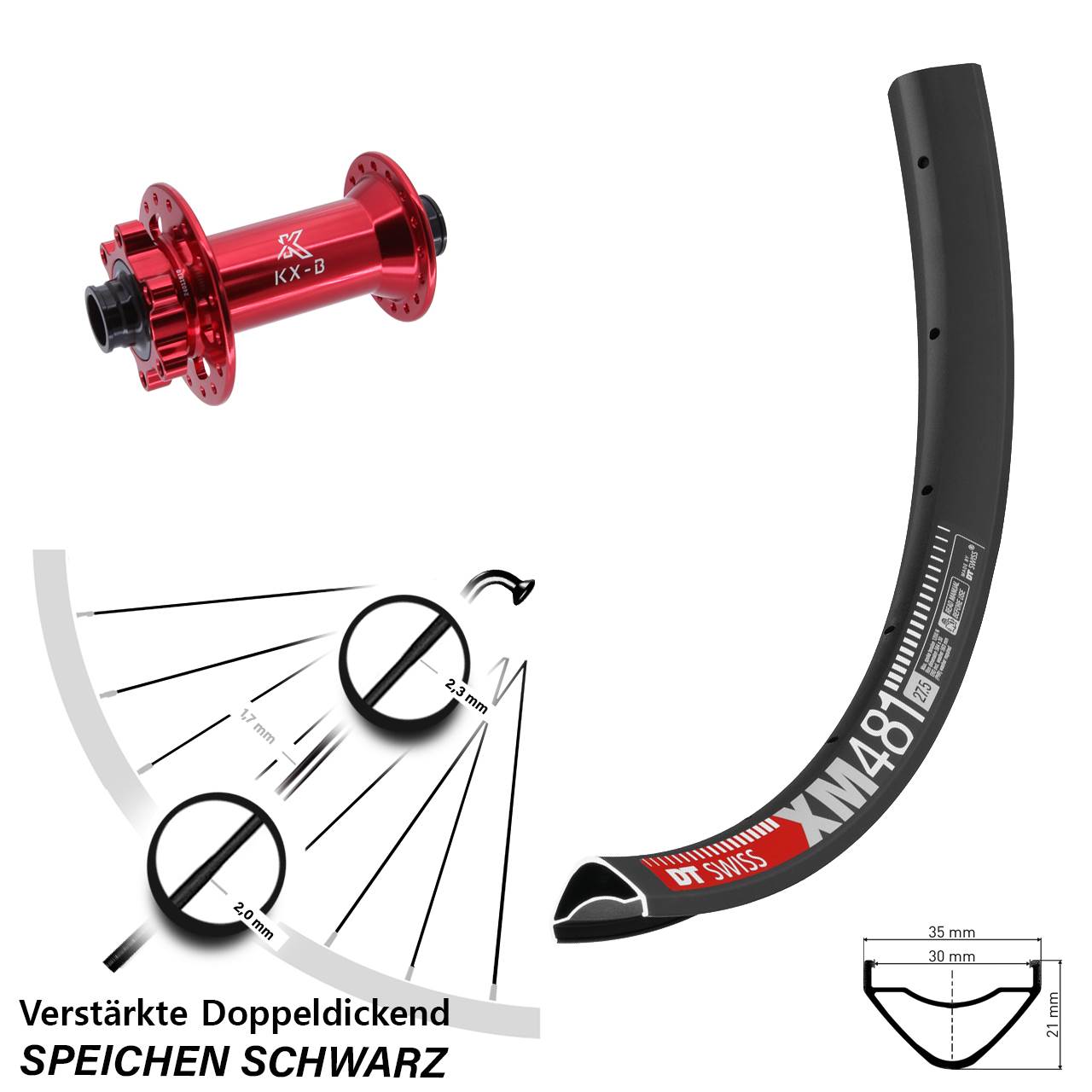 Vorderrad 6-Loch 27,5 Zoll DT Swiss XM 481 KX-B rot 15x110 Boost