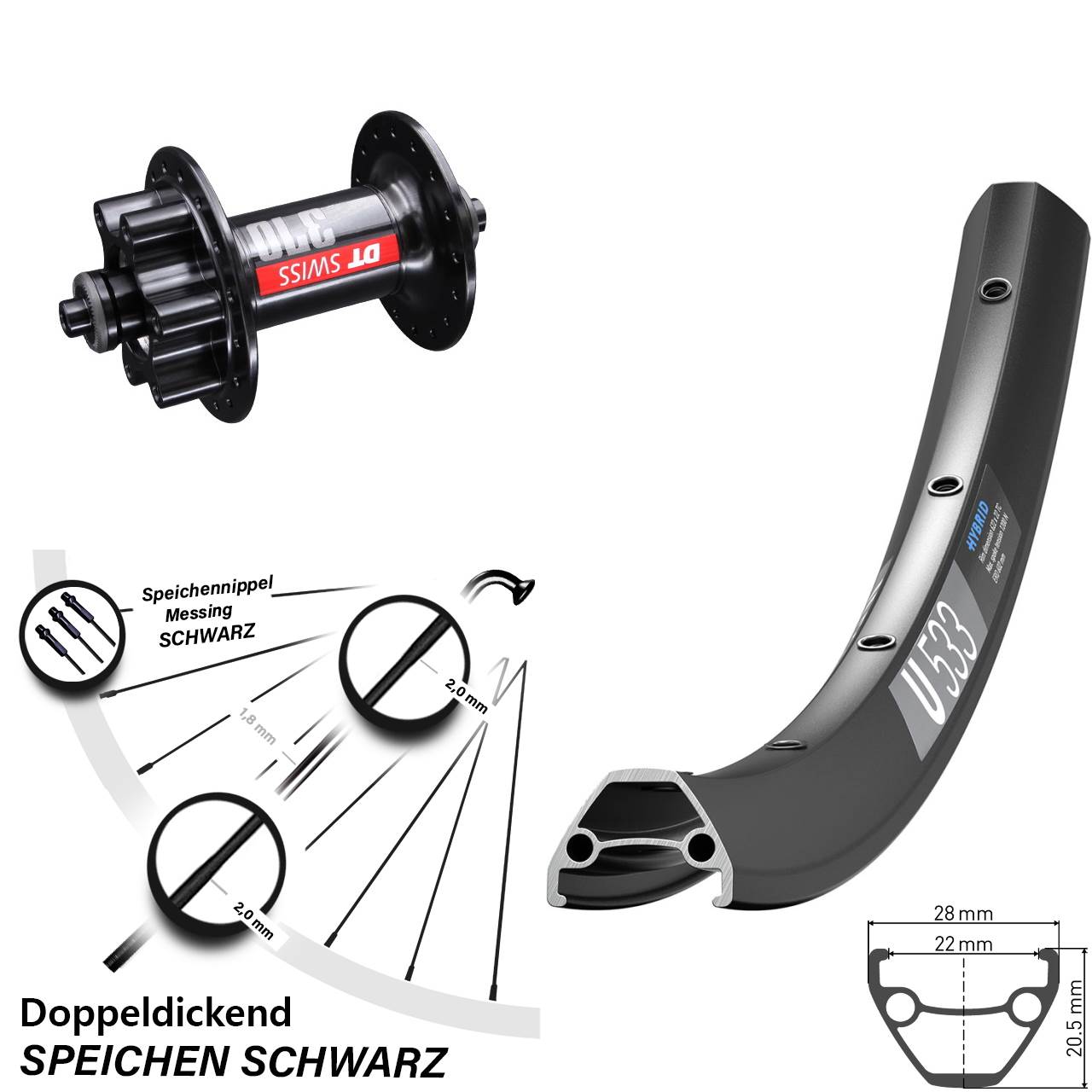 6-Loch Vorderrad QR 26 Zoll DT Swiss U533-370
