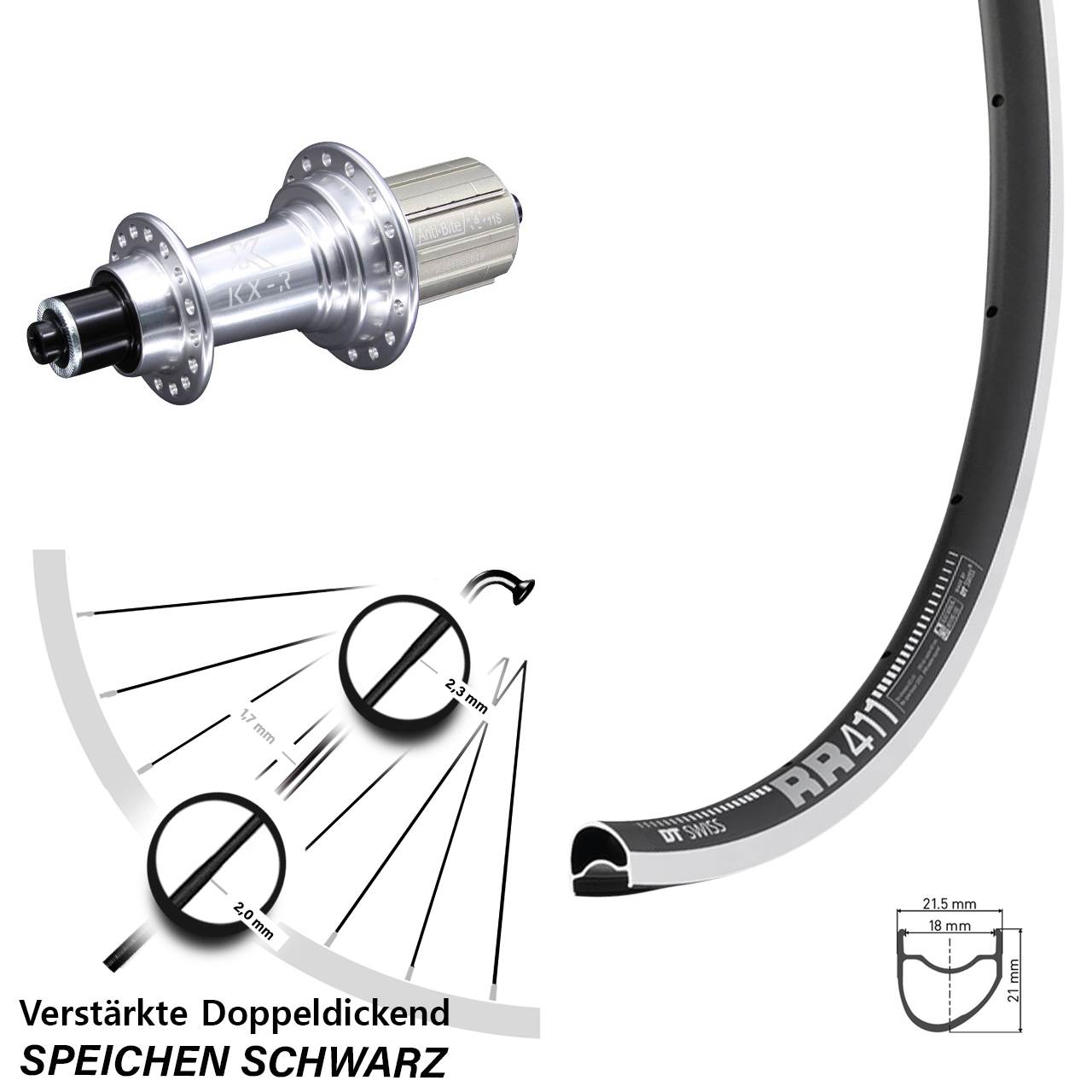 Hinterrad 28 Zoll DT Swiss RR 411 OS KX R 8-12 fach HG QR