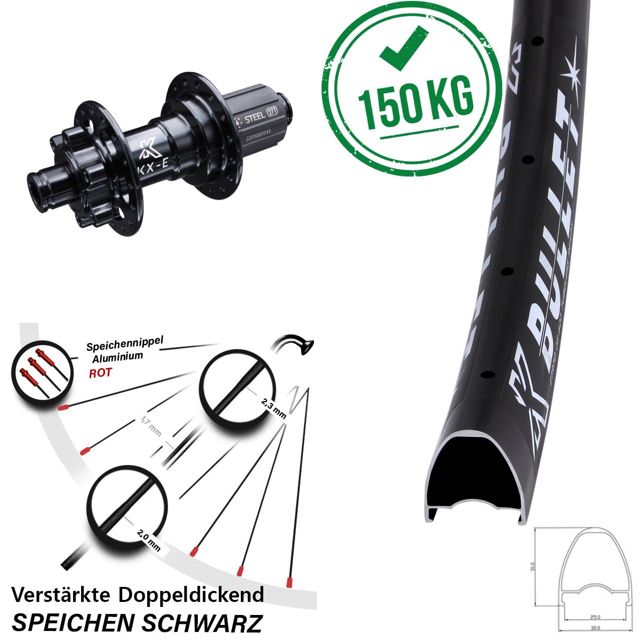 Hinterrad 6-Loch 28-29 Zoll KX-E Bullet Stahl Freilauf 8-12 fach HG 12x142