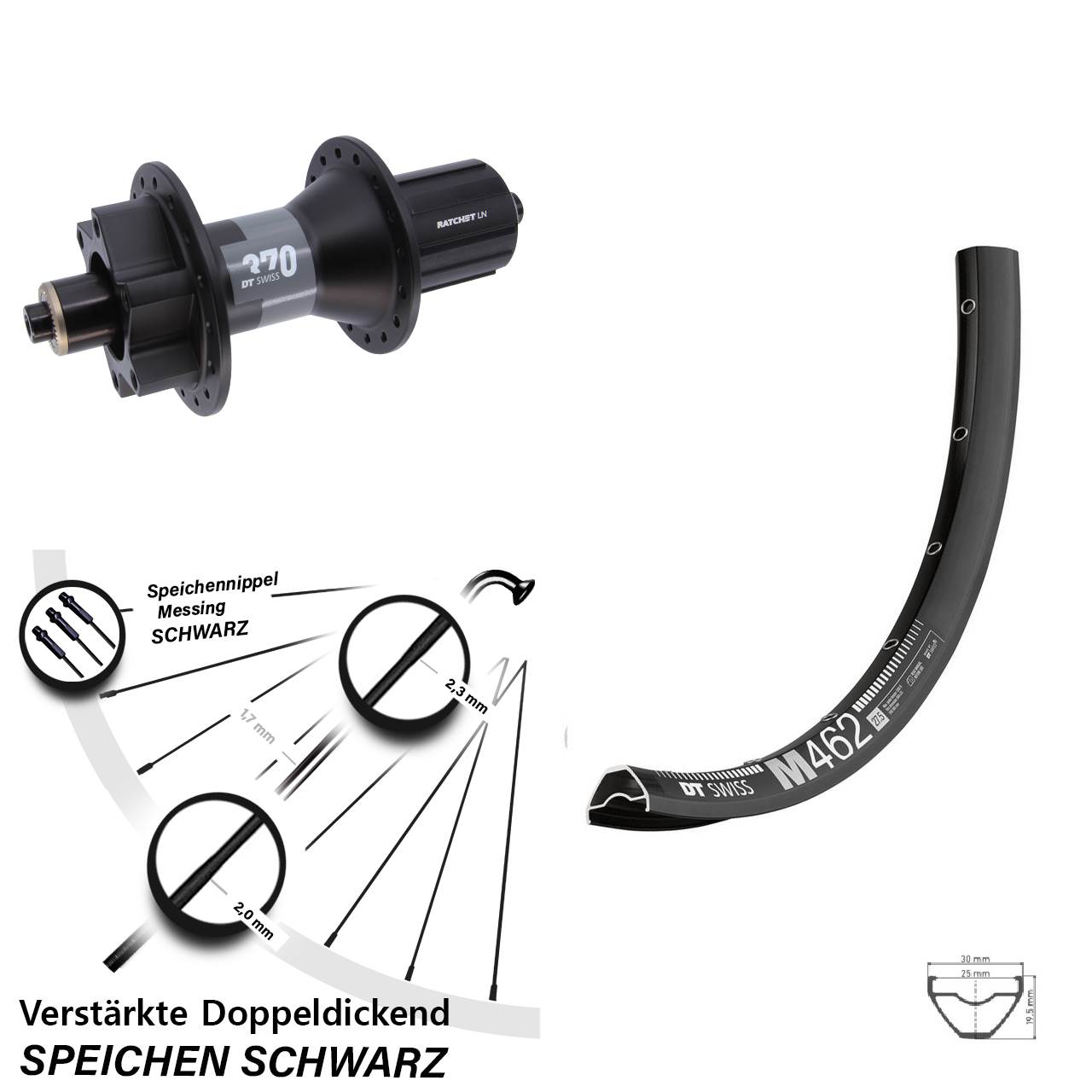 6-Loch 27,5 Zoll Hinterrad für Schnellspanner DT Swiss M 462-370 8-11 fach HG