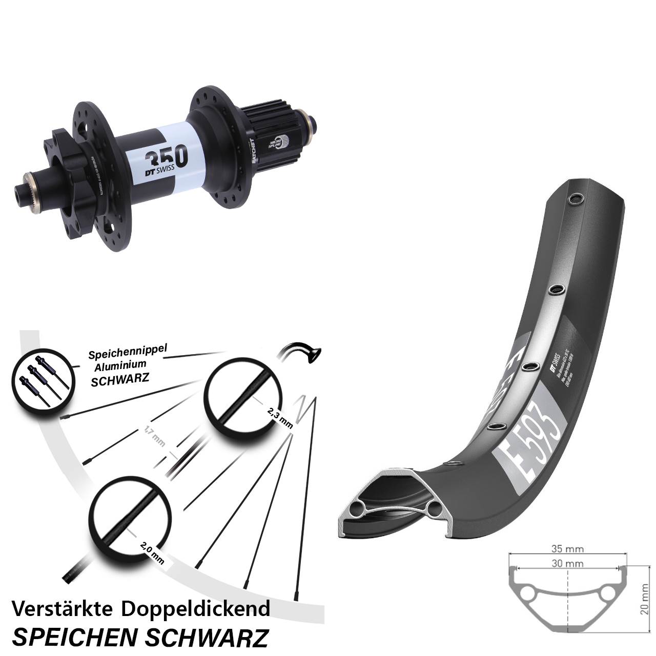 29 Zoll DT Swiss E593 350 Hinterrad 6-Loch QR Boost Micro Spline