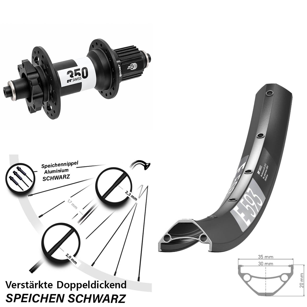 29 Zoll DT Swiss E593 350 Hinterrad 6-Loch QR Boost Micro Spline