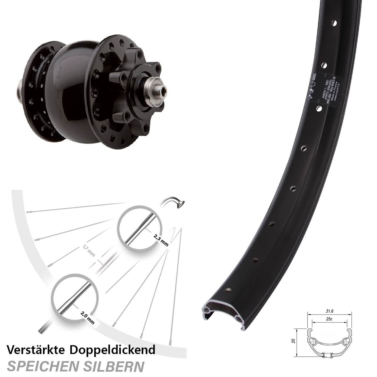 Dynamo-Vorderrad QR 20 Zoll Mach1 Kargo SON 28 Disc 6-Loch