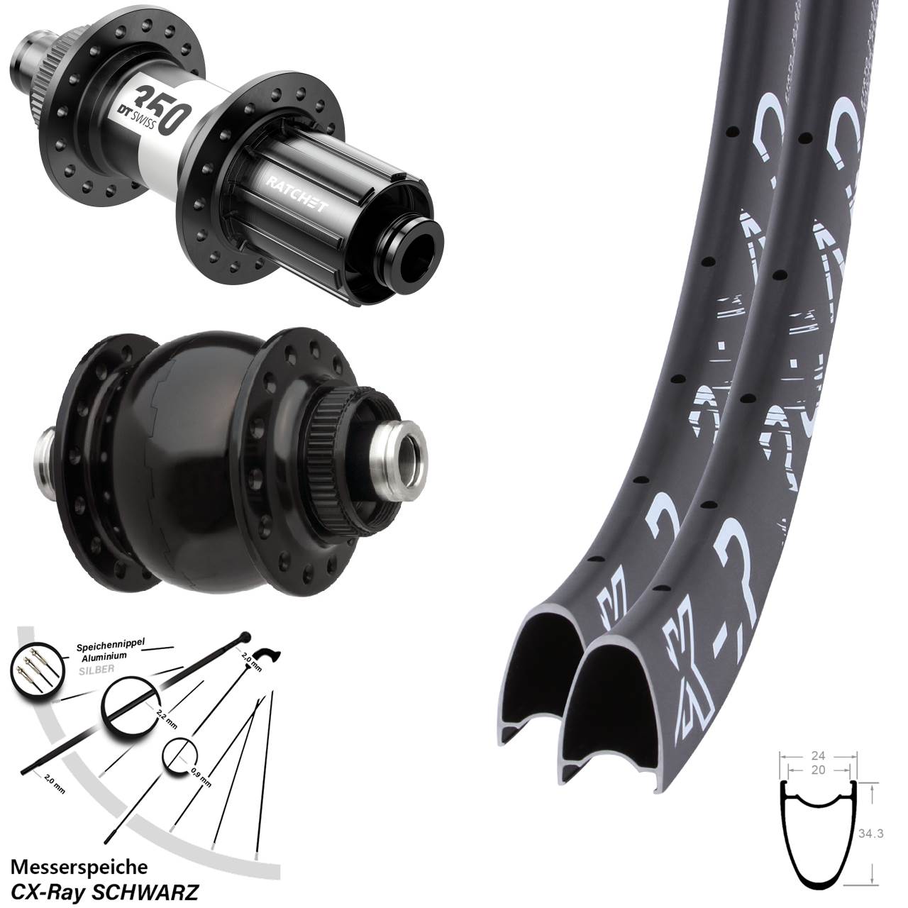 28 Zoll KX-R Road DT Swiss 350 SON Laufradsatz Centerlock 12x100/142 11-12 fach HG CX-Ray