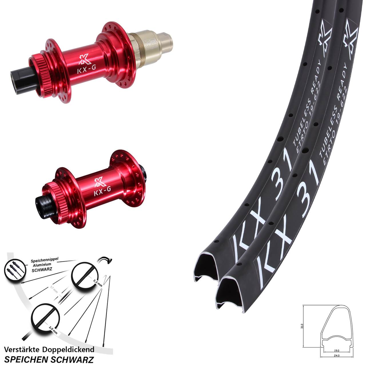 KX-G 31 Offset rot 28 Zoll Disc Laufrad-Satz 15x100 12x142 SRAM XDR