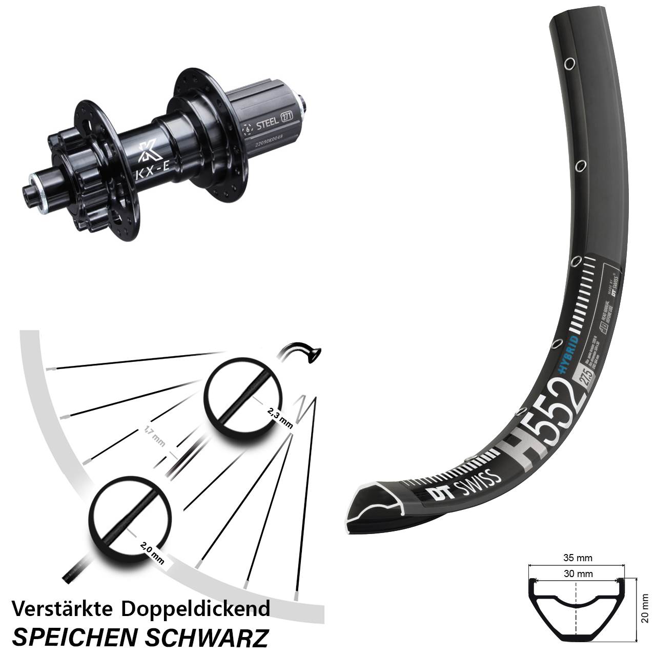 DT Swiss H 552 Hinterrad 27,5 Zoll E-Bike Schnellspanner 5x135 mm KX-E Nabe 6-loch 11-fach