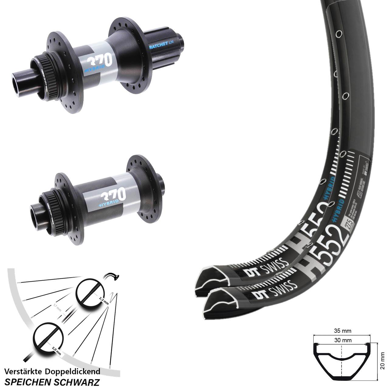 29 Zoll DT Swiss H 552 370 Hybrid Centerlock Laufradsatz 15x110 12x148 8-11 fac