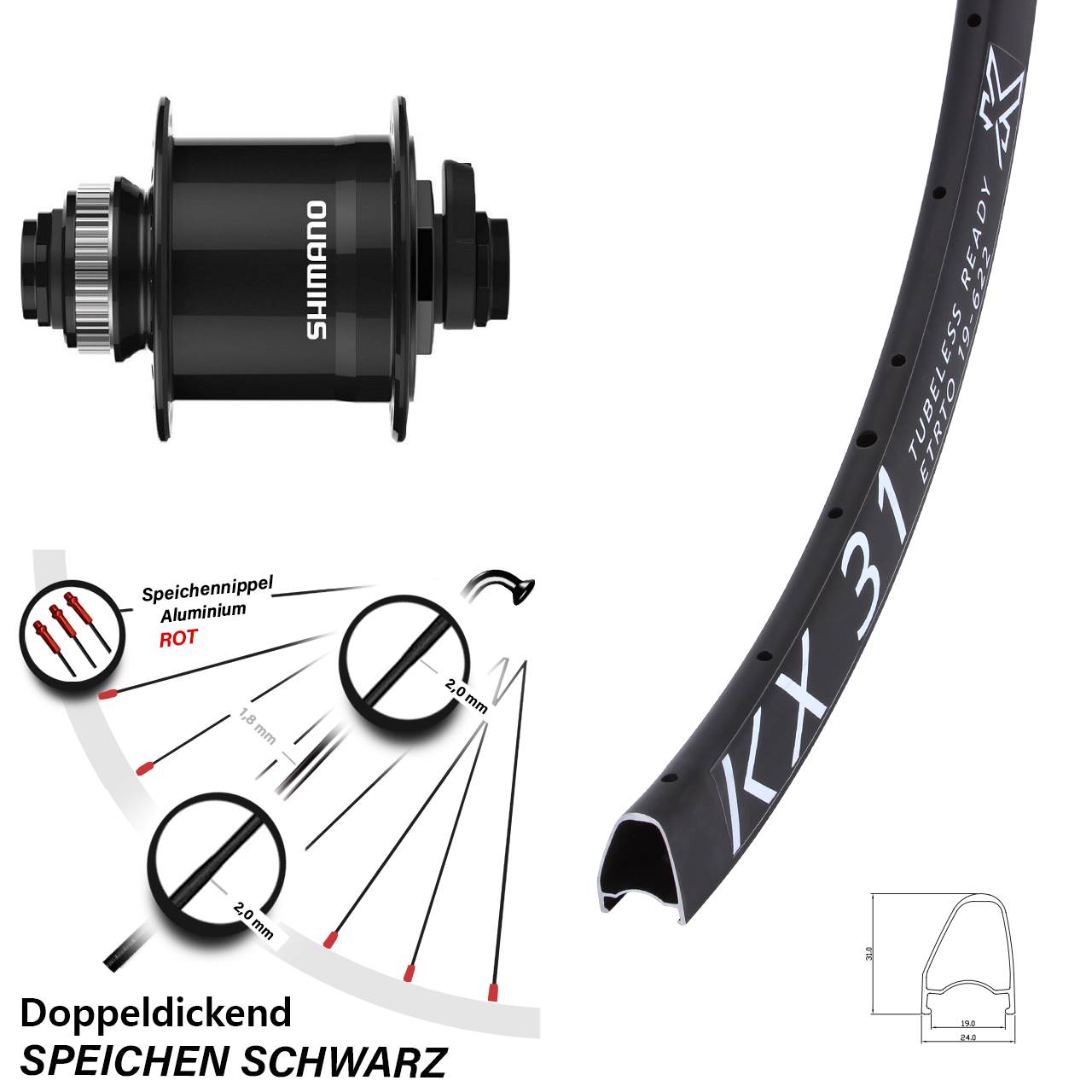 Disc Nabendynamovorderrad 28 Zoll KX31 OS Shimano DH-UR708-3D 15x100