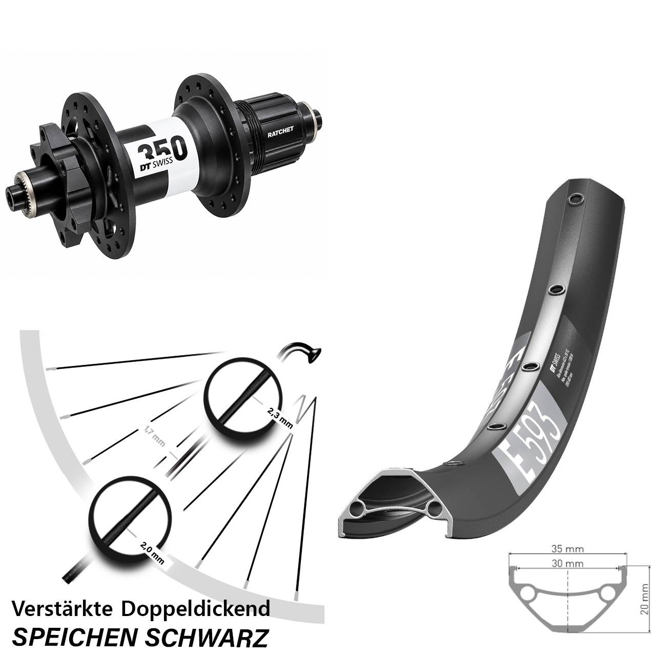DT Swiss E 593-350 29 Zoll Hinterrad 6-Loch für Schnellspanner Boost XD
