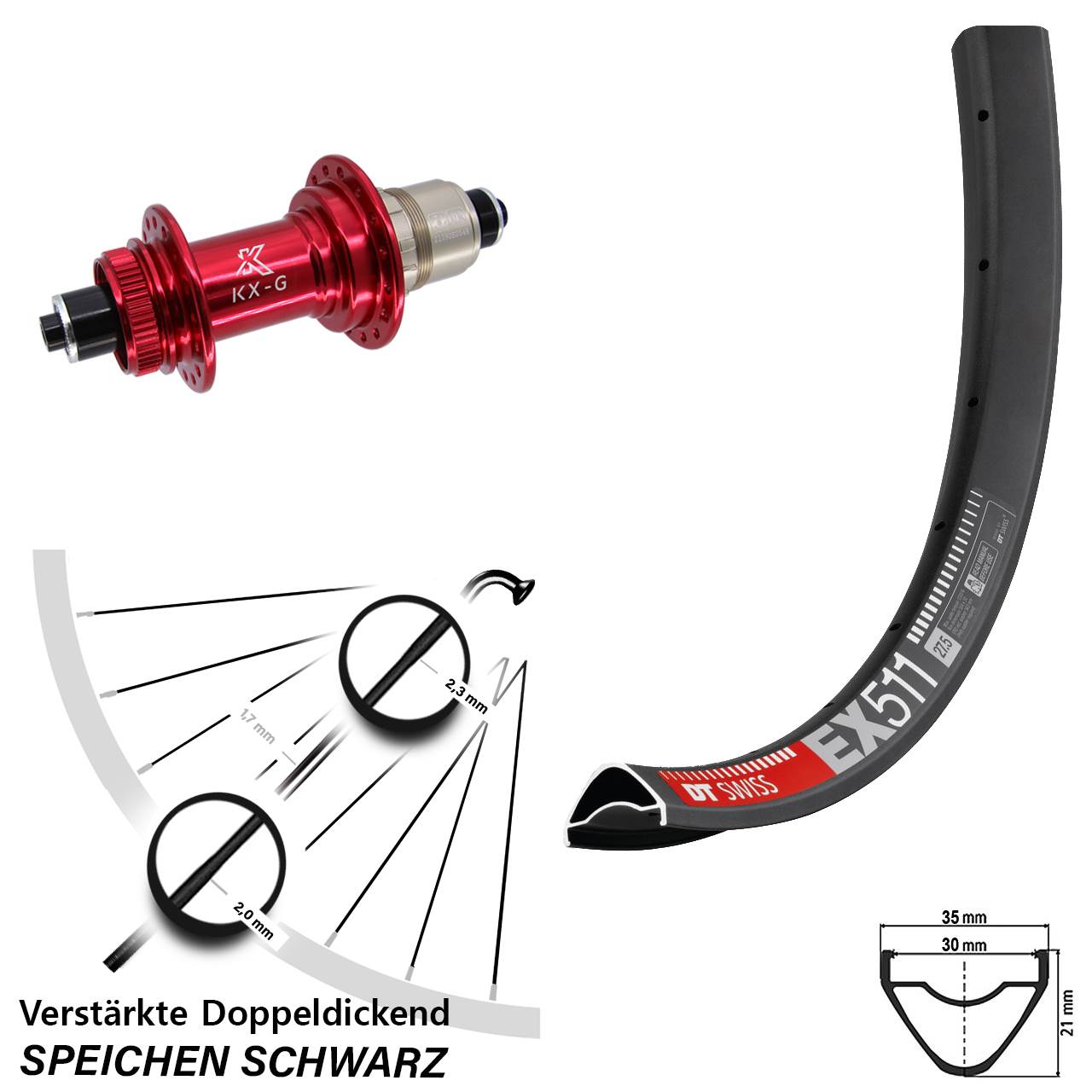 Disc Laufrad 29 Zoll DT Swiss EX 511 KX-G rot XDR für Schnellspanner