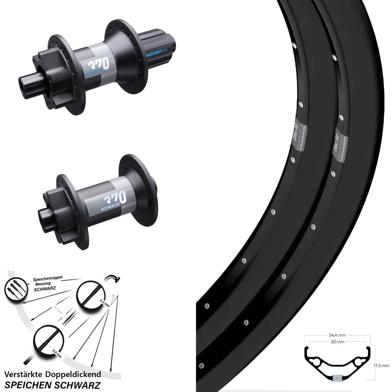 Disc Laufradsatz 27,5 Zoll Ryde Disc 30 DT Swiss 370 Hybrid Boost 15x110/12x148 8-11 HG
