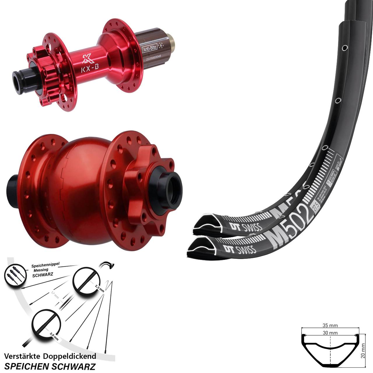 6-Loch Laufradsatz 27,5 Zoll DT Swiss M502 KX-B rot SON 28 8-12 fach HG 15x110 12x148
