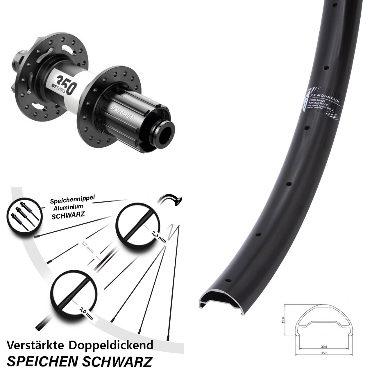 29 Zoll KX Mountain TR DT Swiss 350 Ratchet 36 Hinterrad 6-Loch 12x148 8-11 fach