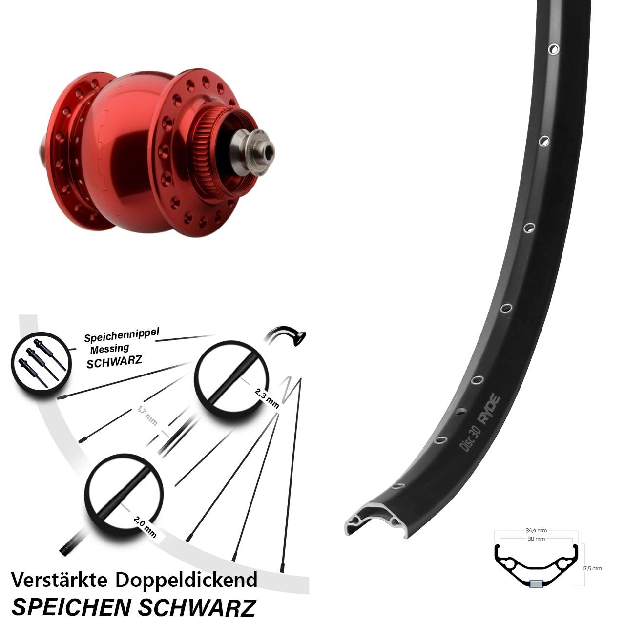 SONdelux rot Ryde Disc 30 29 Zoll Nabendynamovorderrad Centerlock für Schnellspanner
