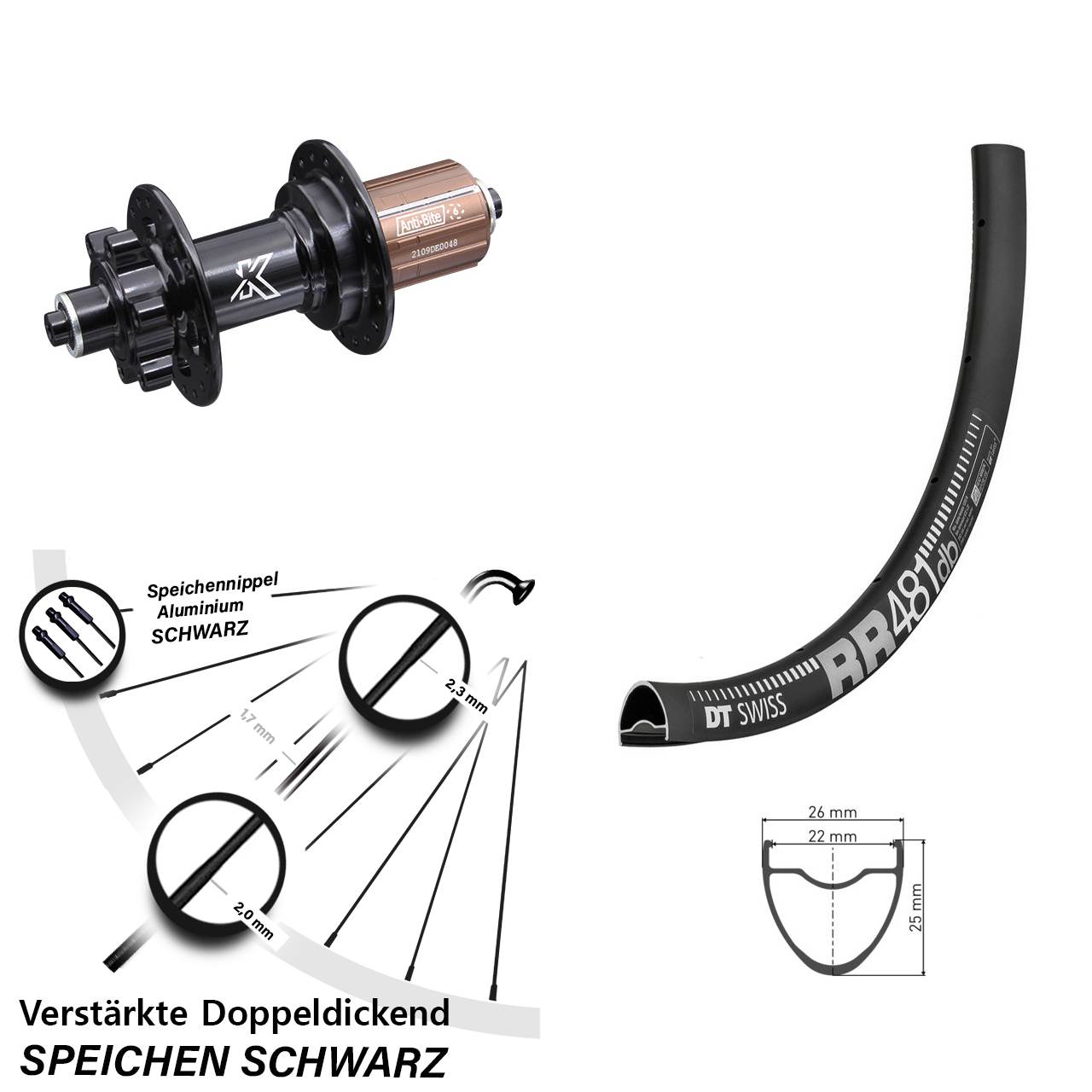 28 Zoll Hinterrad DT Swiss RR 481 DB KX-M 6-loch für Schnellspanner