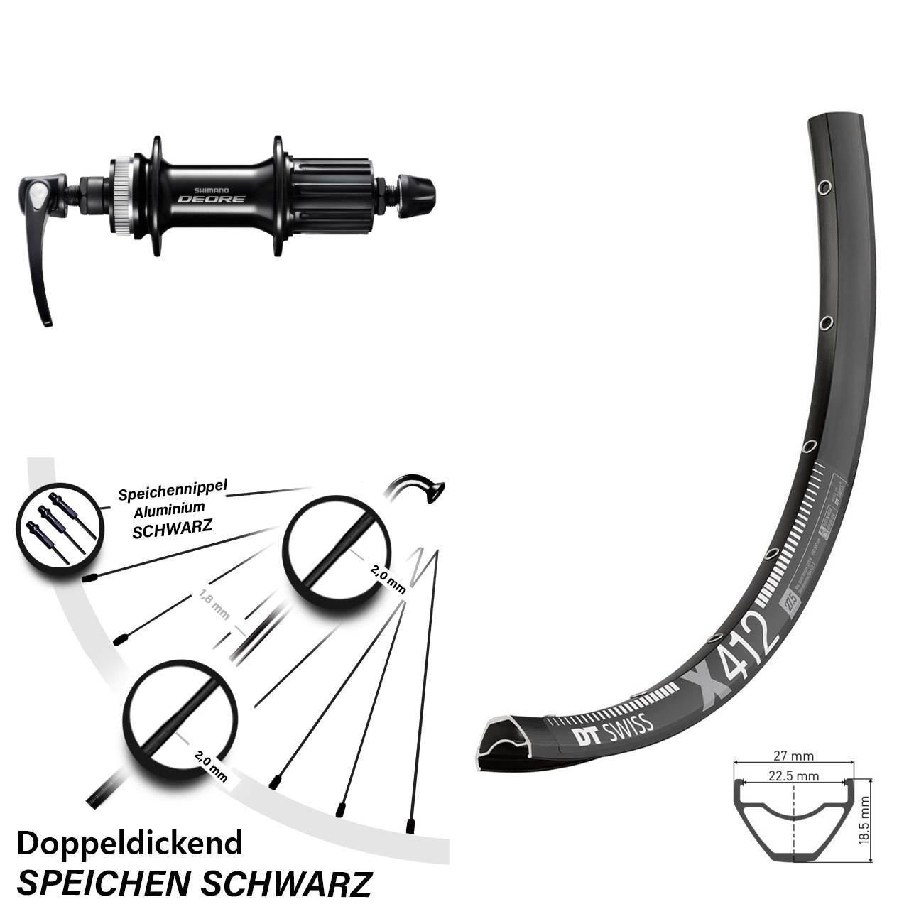 DT Swiss X412 Shimano Deore Disc Laufrad für Schnellspanner 8-11 fach HG