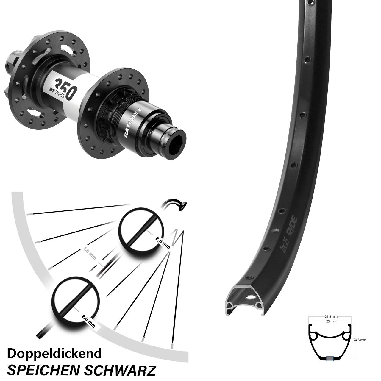 28-29 Zoll Ryde ZAC 25 DT Swiss 350 Disc Hinterrad 12x148 XD 11-12 fach