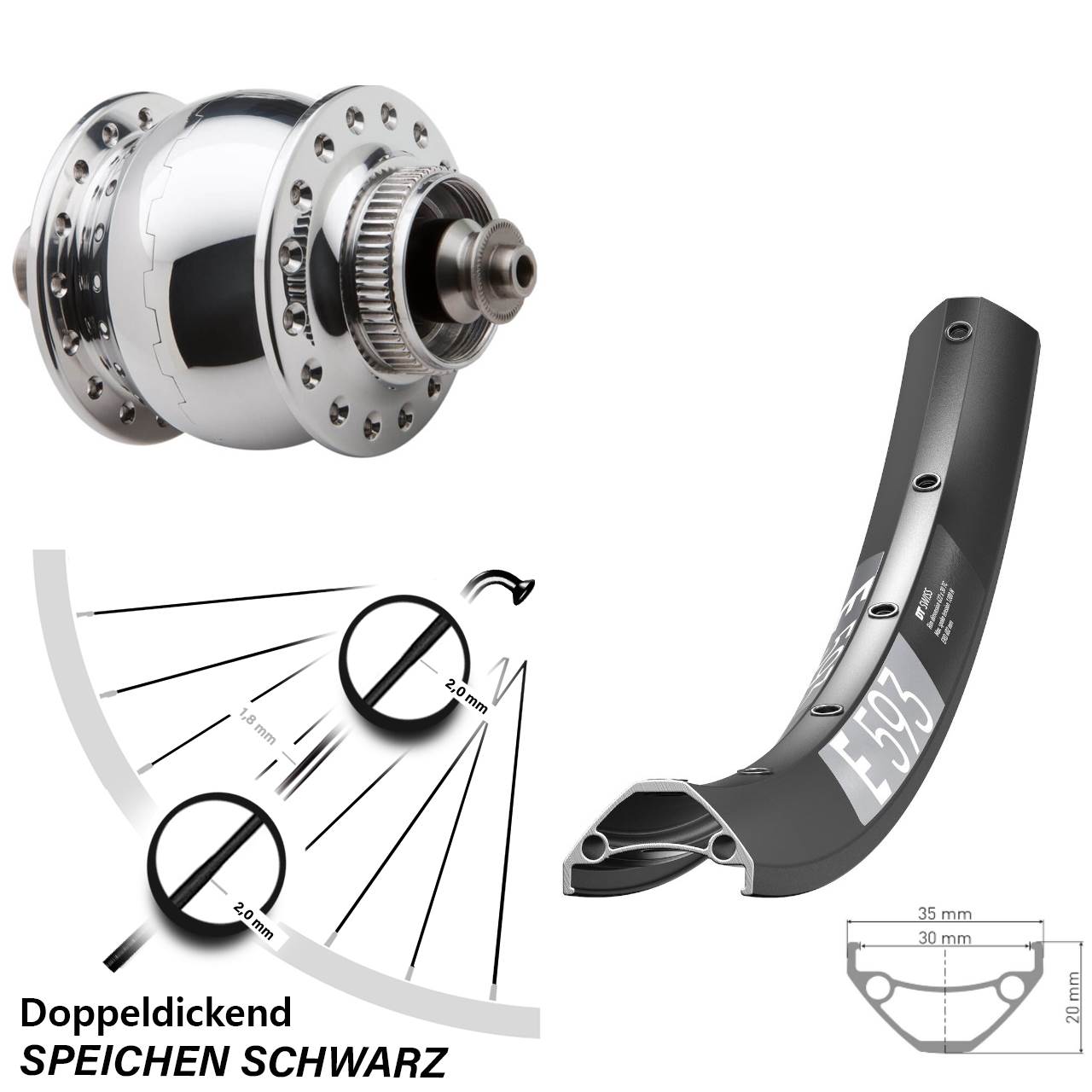 SONdelux DT Swiss E 593 29 Zoll Disc Vorderrad mit Nabendynamo für Schnellspanner