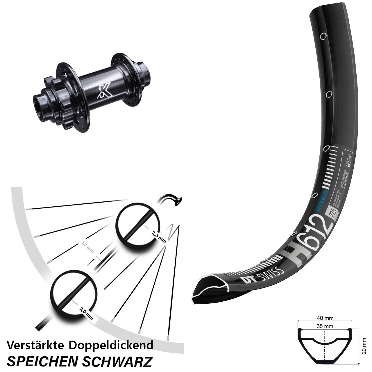 6-Loch Vorderrad 27,5 Zoll DT Swiss H 612 KX-M Downhill 20x110 non Boost