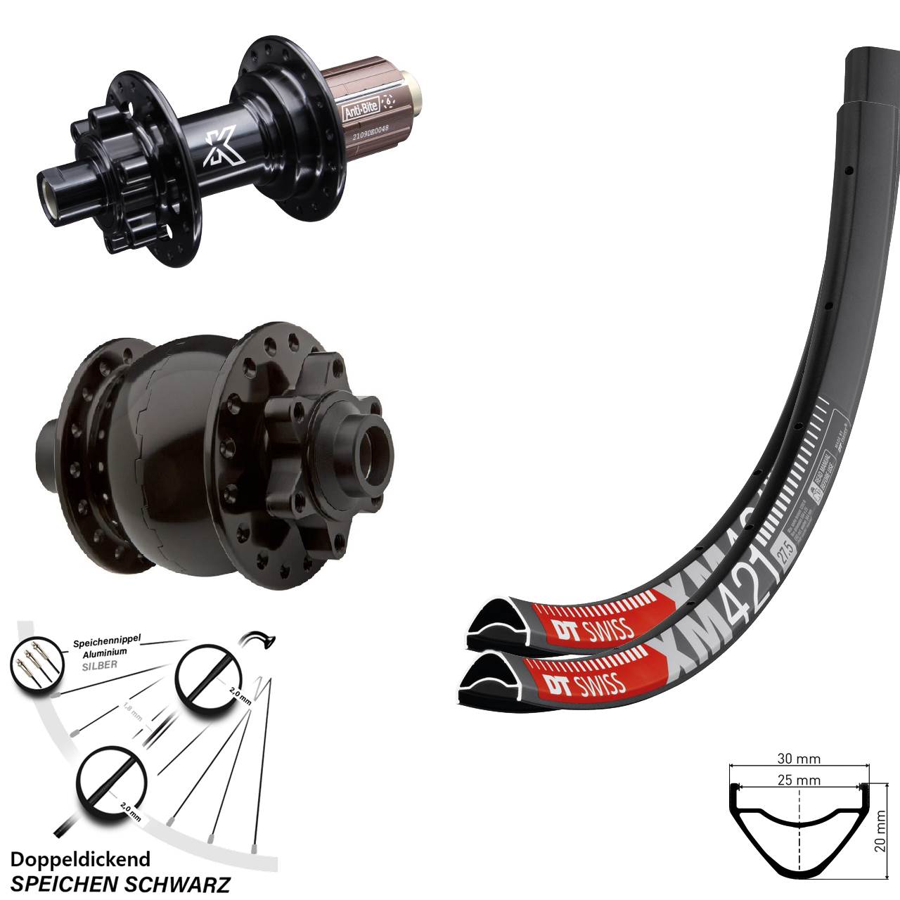 Dynamo Laufradsatz DT Swiss XM 421 29 Zoll SON 28-15 KX-M Nabe Steckachse 11-fach